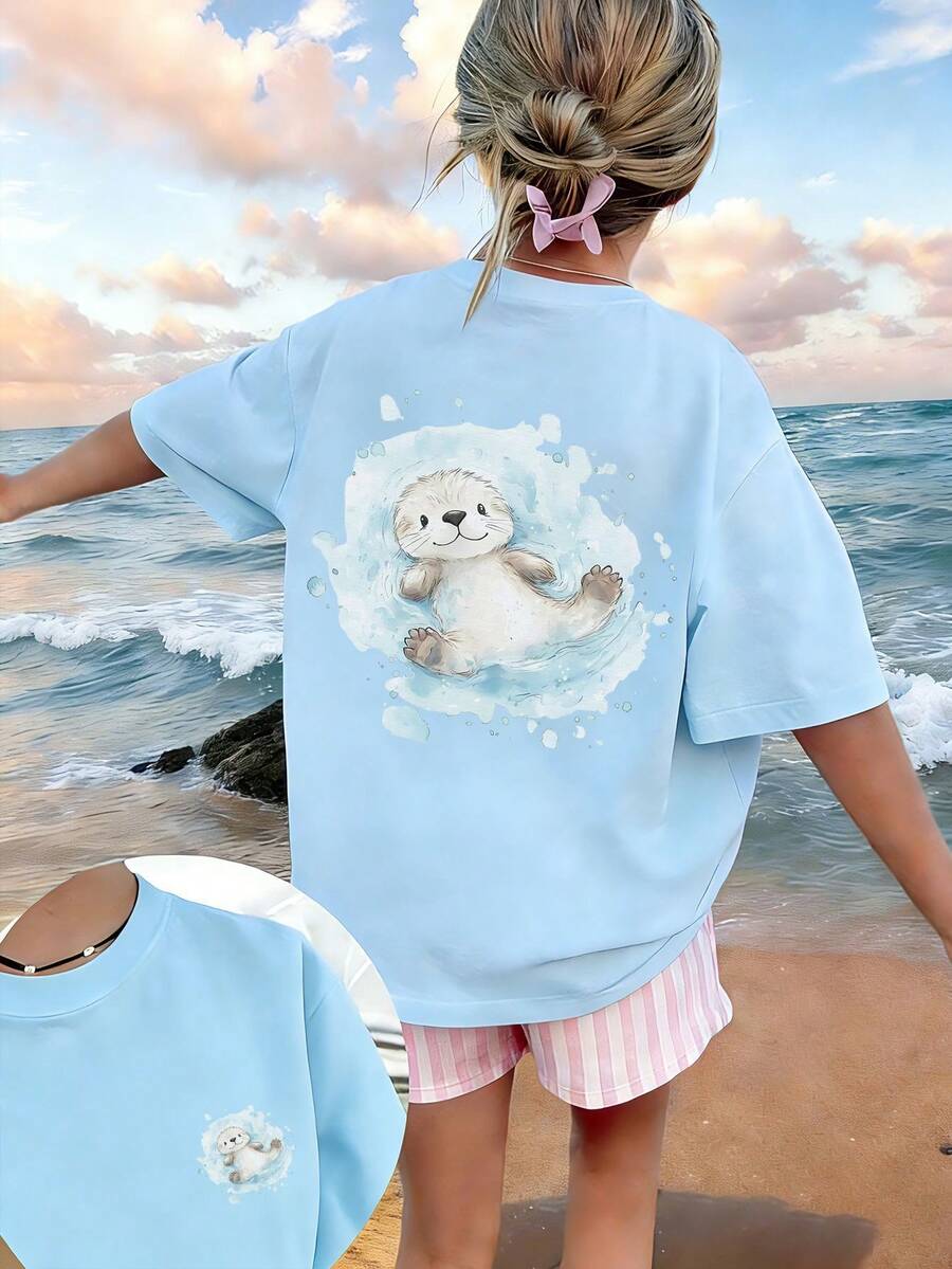 1pc Tween Girl Printed Short Sleeve T-Shirt, Student Youth Clothing, Summer Gift For Kids - Baby Blue - View 1