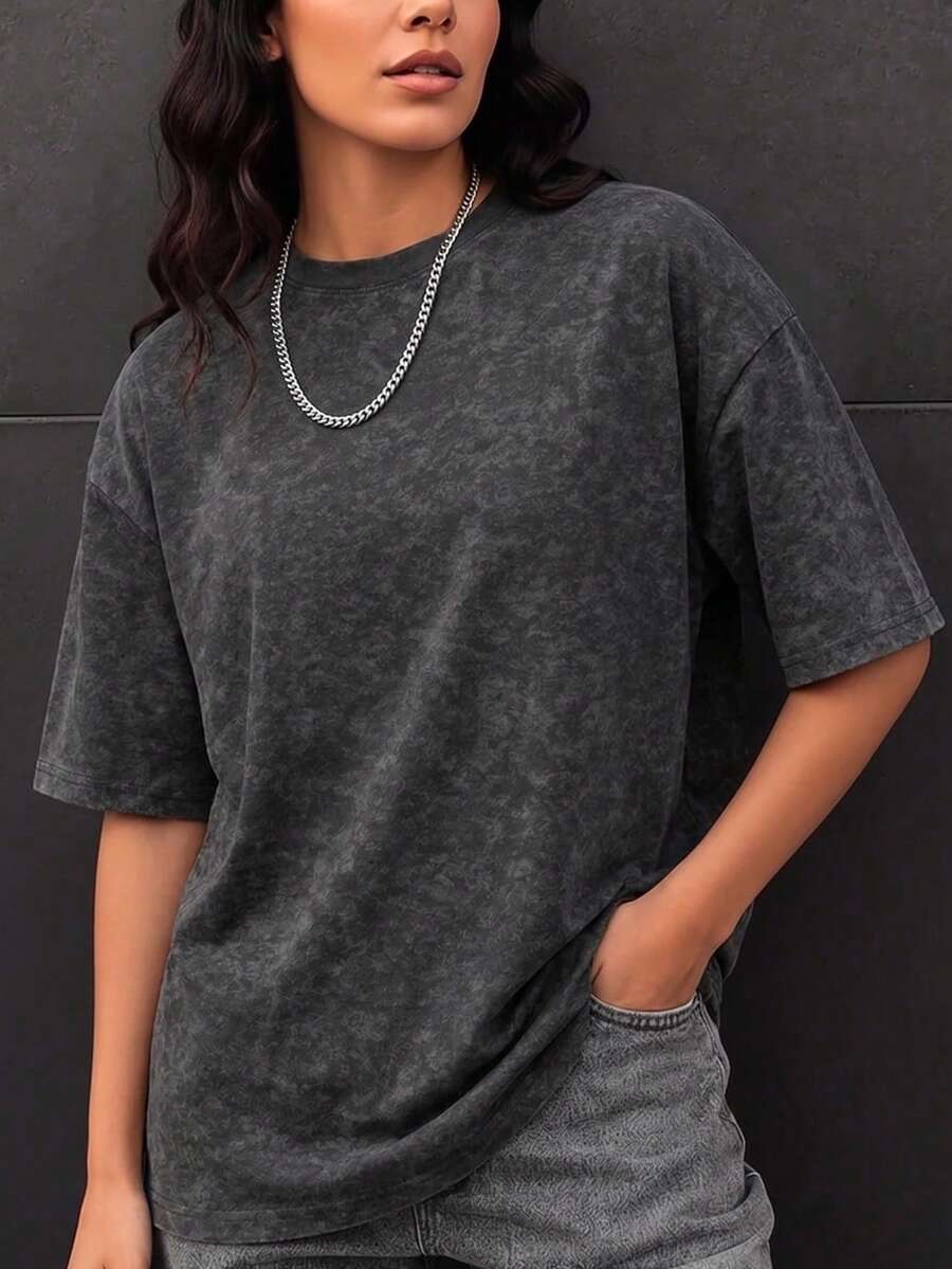 Women's Fashionable Washed Loose Short Sleeve T-Shirt | Exquisite Design | Summer Essential | Easy To Match | Showcase Your Style - Black - View 1