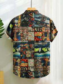Camisa de manga corta con botones y estampado floral para hombre - Caqui - Ver 2