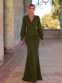 Faeriesty Elegant Chiffon Long Bridesmaid Dress, V-Neck Petal Sleeve Design With Ruffle & Satin Ribbon Wedding - Army Green - View 4