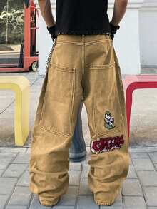 1件美式街头风刺绣口袋阔腿牛仔裤，宽松舒适时尚休闲男士牛仔裤（不含腰带和配饰） - 駝色 - 查看 5