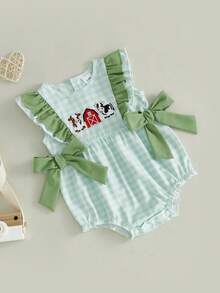 Baby Girl Plaid Romper Summer Fashionable Bow Decor Cow/Dinosaur Embroidery Flying Sleeve Jumpsuit - Green - View 3