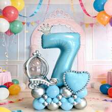 32-Inch Blue Number Balloon, Silver Crown Decor, Magic Mirror Balloon, Blue & Silver Heart Balloon, And Latex Balloon Combo, Suitable For Frozen-Themed Birthday Party, Princess-Style 1st Birthday Decoration, Children's Birthday Photo Backdrop, Girls' Growth Celebration, Parent-Child Party Atmosphere, Easily Create A Fairy Tale-Like Frozen Princess Party Scene - View 20