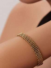 1pc 18K Gold Plated Stainless Steel Chain Metal Bracelet, Creative Woven Fashion Cuban Link Bracelet For Women - Multicolor - View 5