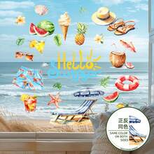1pc Summer Watercolor "Hello Summer" Letter, Watermelon, Pineapple Element Static Sticker. Double-Sided Same Color, Reusable, Suitable For Bedroom, Living Room, Study, Glass Surfaces - Multiple Styles - View 2