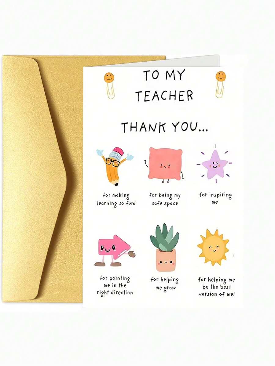 1 pieza Tarjeta de agradecimiento con sobre - Diseños lindos de aula (estrellas, soles, personajes de cojín) - Mensajes de aprecio sincero - multicolor - Ver 1