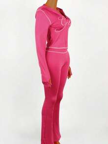 2pcs Spring Sexy Printed Zip-Up Jacket And Pants Set, Holiday Outfit - 藍色 - 查看 9