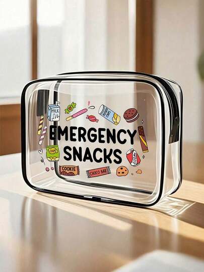"Emergency Snacks" Letter Print PVC Toiletry Bags, PVC Travel Organizer Pouch With Zipper Closure - Lightweight Fade-Resistant Makeup & Toiletry Bag For Women & Girls, TSA-Approved Portable Cosmetic Case, Easy Wipe-Clean Design, Cosmetic Bag For Mother, Teacher, Friend, Nurse, Cosmetic Bag, Gift Bag For Female Friends, Travel Essentials Bag For School Vacation Holiday Back To School Supplies Wash Bag Waterproof Toiletry Bag