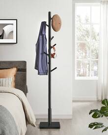 VASAGLE Perchero de Madera Maciza, Organizador de Ropa de Pie, con 8 Ganchos, para Pasillo, Entrada, Negro Tinta - Ver 3