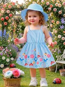 2pcs Baby Girl Floral Print Dress + Hat Set, Casual Elegant Style, Lightweight For Spring/Summer - Baby Blue - View 2
