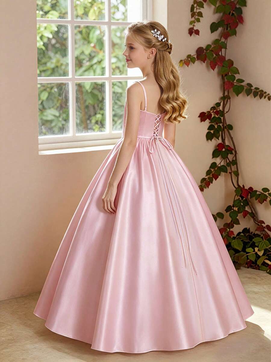 Tween Girls Solid Color Spaghetti Strap Backless Tie-Back Satin Elegant Flower Girl Evening Dress Suitable For Party, Headband Not Included - Dusty Pink - View 1