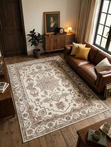 1pc Khaki Floral Style Large Living Room Carpet, Leaf Pattern Print, Fresh Spring/Summer Design, Soft & Comfortable Texture, Easy Care, Non-Slip Bottom, Suitable For Living Room, Bedroom, Kitchen, Dining Room, Entryway, Office And Other Home Decor - Khaki - View 5