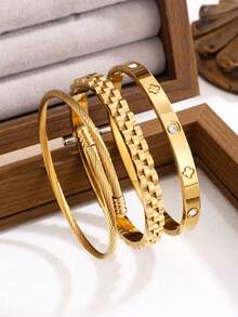 New Stainless Steel High Quality Floral Zirconia Women's Bangle Bracelet Set, Suitable For Daily Wear - Golden Yellow 22 - View 5