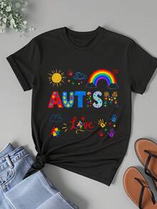 Camiseta moderna y linda para promover la aceptación y comprensión del autismo. Camiseta de mujer con estampado de dibujos animados, holgada, de manga corta, cuello redondo, elegante, unisex, de corte suelto, adecuada para salir, con estampado de estilo vintage. Cuello redondo, manga corta, lavable a máquina. Perfecta para Pascua y el Día de la Madre. - Negro - Ver 4
