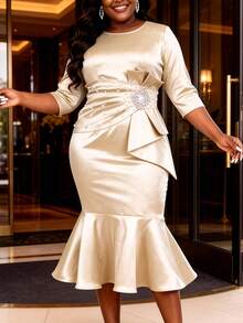 Plus Size Women's Elegant Champagne Mermaid Dress With Ruffle Rhinestone & Faux Pearl Waist Decor, Suitable For Cocktail Party, Wedding Spring - Champagne - View 5