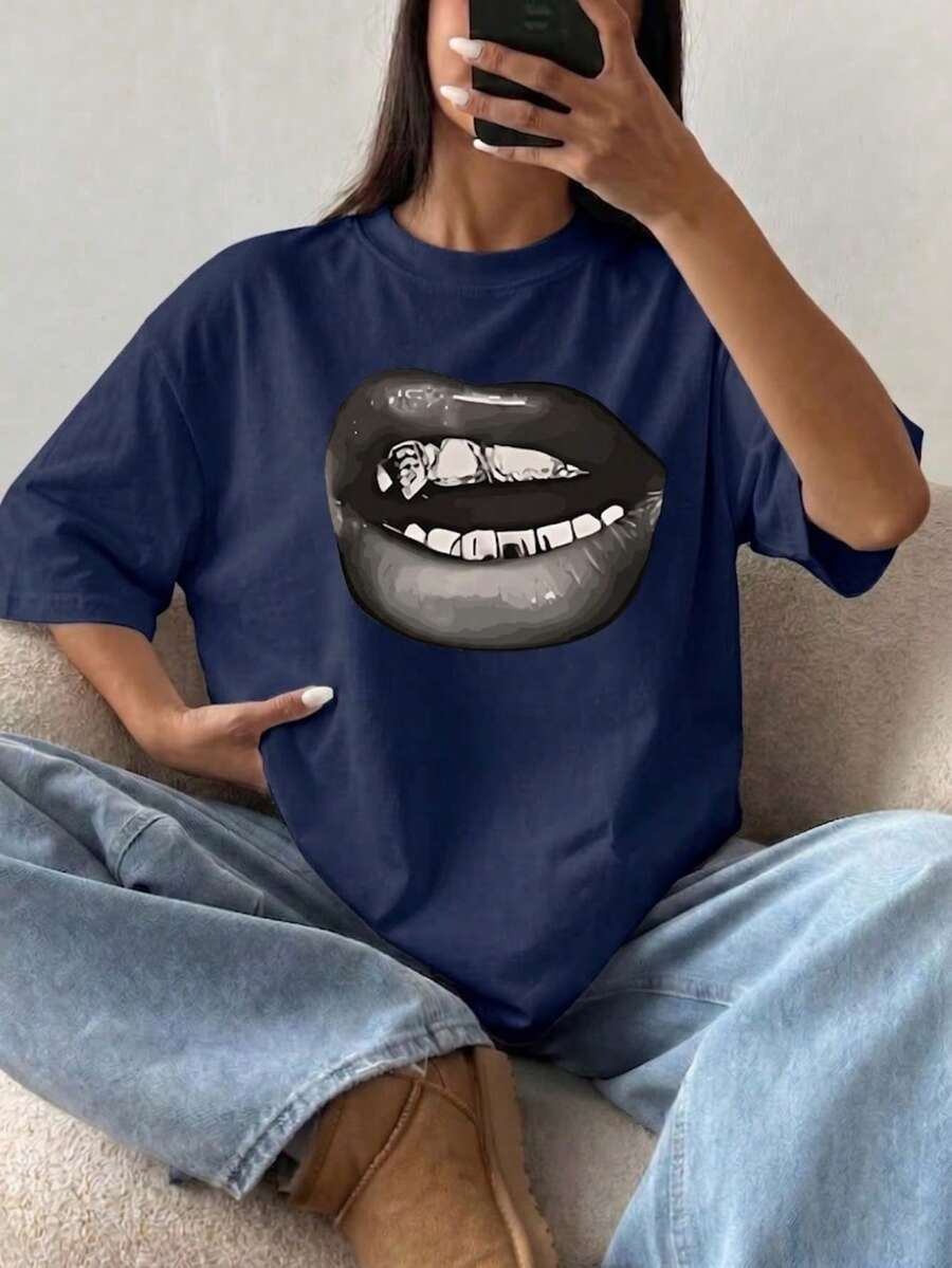 Women's Lip Print Loose Comfortable Short Sleeve T-Shirt, Summer - Navy Blue - View 1