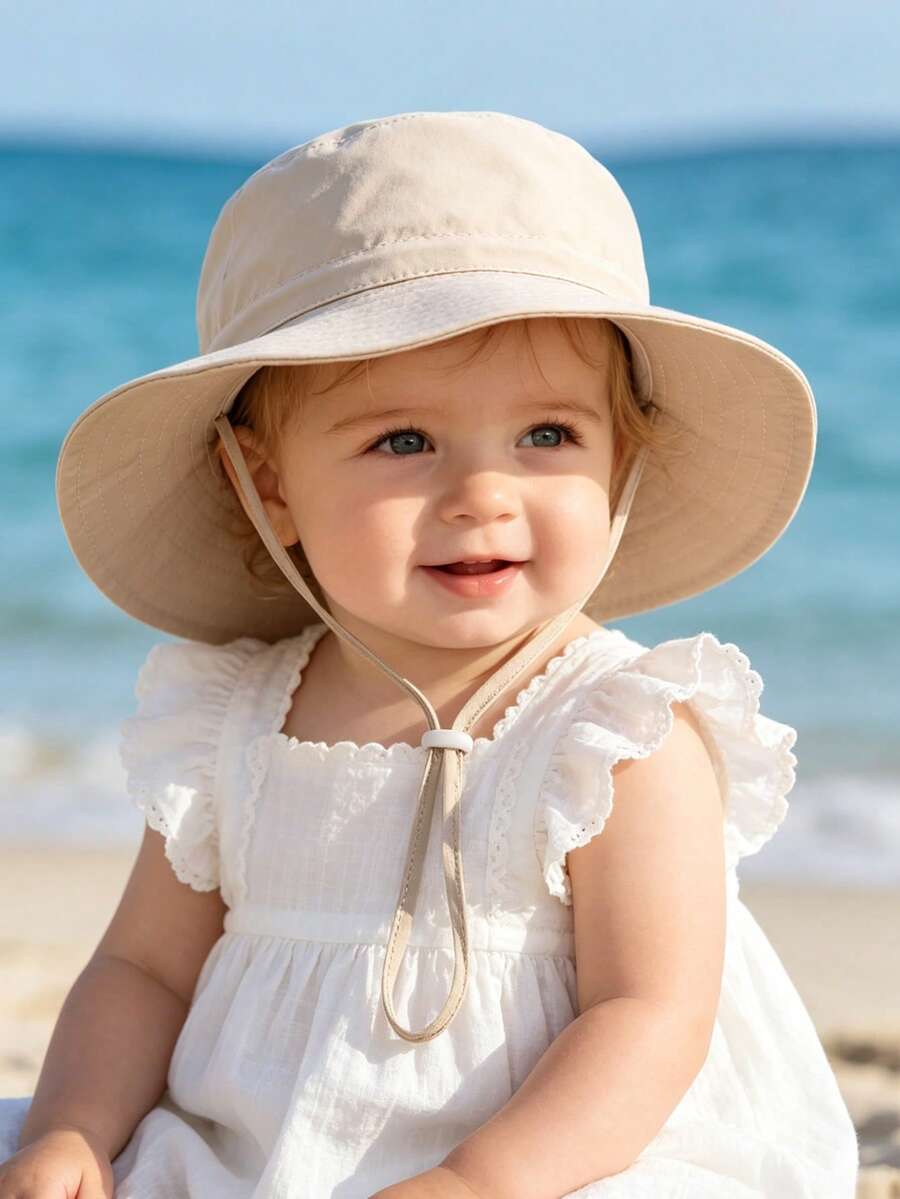 1顶可调节婴儿遮阳帽 - 幼儿儿童宽檐渔夫帽，夏季游戏帽，带下巴系带 - 米色 - 查看 1