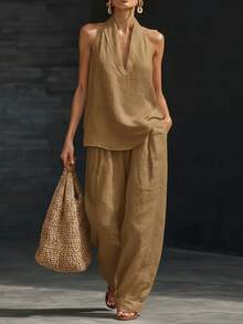 2026 Spring/Summer New Women's Halter Neck V-Neck Sleeveless Casual Two-Piece Set Suitable For Daily Casual Wear, Beach Vacations, And Dates - 土黃色 - 查看 2
