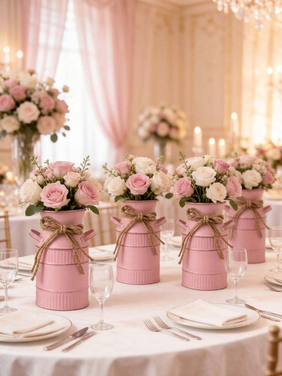 Jarra de leche de metal rosa para centro de mesa de fiesta, viene con lazo de arpillera, cubeta de flores de estilo rústico en miniatura, adecuado para decoración de mesa de boda, cumpleaños y mesa de postres, centro de mesa de boda, jarrón de jarra de leche rústico, centro de mesa de fiesta en miniatura