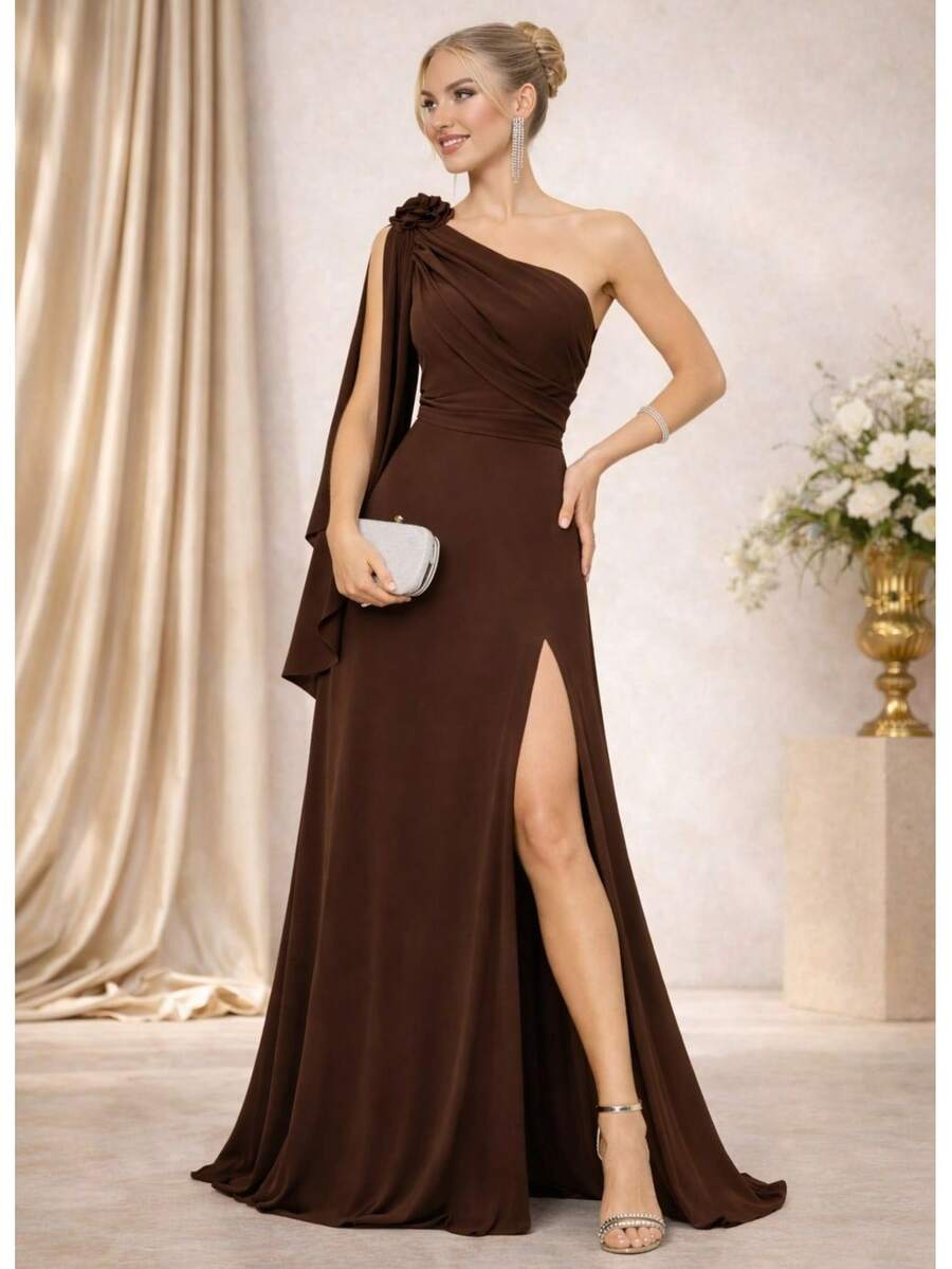 Bridesmaid Dress For Party Guests Reception Graduation Without Shine Cape Sleeve In Fluity Cpom Flower Brooch - Rust Brown - View 1