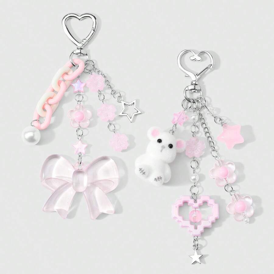 1件创意甜美女孩休闲可爱白色仿珍珠仿水晶圆珠粉色树脂亚克力半透明樱花链蝴蝶结闪光镂空星星像素爱心毛绒3D卡通泰迪熊钥匙扣包挂件，适合女性、女孩、姐妹、闺蜜、日常佩戴、节日礼物 - 彩色 - 查看 1