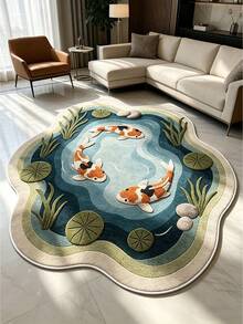 1 buah Keset Lantai Ruang Tamu Motif Bunga Teratai Krem & 3 Ikan Mas, Dekorasi Kamar Tidur, Karpet Santai Rumah, Karpet Dekoratif, Dapat Dicuci - Beraneka warna - View 3