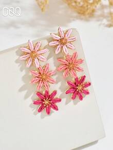 OOQ 1 Pair Handmade Woven Raffia Flower Earrings, Bohemian Summer Style, Minimalist Elegant Floral Tassel Earrings, Suitable For Women's Daily, Vacation, Party Wear - Hot Pink - View 3