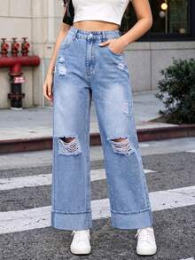 Quần jeans nữ màu xanh dương bạc màu, ống đứng, denim rách, quần jeans túi xéo, khóa kéo và nút cài, phong cách sinh viên tối giản thường ngày, quần jeans đi làm hàng ngày, quần jeans thời trang đường phố thanh lịch, phù hợp cho các buổi hòa nhạc và lễ hội âm nhạc, 90% cotton, thích hợp cho mọi mùa xuân. - Màu xanh lam - Xem 11