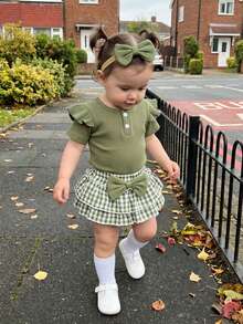 Newborn Baby Girl Summer Clothes Infant Baby Girls Summer Outfit Ribbed Knit Short Sleeve Romper Elastic Waist Plaid Shorts Ruffled Skirts Headband Set - 綠色 - 查看 2
