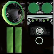 10pcs Women's Genuine Leather Steering Wheel Cover Set, 14.5-15 Inch Car Accessories With Seat Belt Shoulder Pad, Seat Belt Cover, Cup Holder, Start Button Decal - one-size - View 9