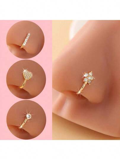 这款女士人造鼻饰/夹式耳环设计简约，镶嵌微型立方氧化锆，适合女性佩戴，展现她们的时尚魅力。