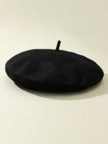 1pc Women's Solid Color Wool Felt Beret Hat, Elegant Japanese Style, Suitable For Daily Outings And Shopping - màu đen - Xem 2