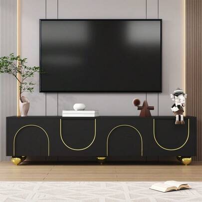 TV Stand, Low Model With Textured Doors, Gold Decorations, Round Gold Legs, Includes Shelves And Push-To-Open Mechanism.
