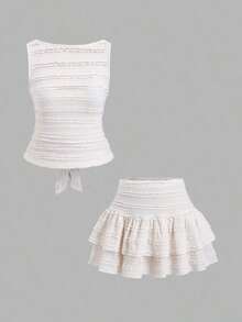 Conjunto de 2 piezas de top sin mangas plisado y minifalda de unicolor para mujer - Albaricoque - Ver 9