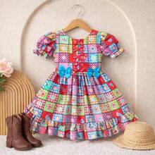 Children's Dress For June Festival, Flared, Saint John's Day, Square Dance, With Lining And Tulle Petticoat, Red Figures - Red Chess Figures - View 7