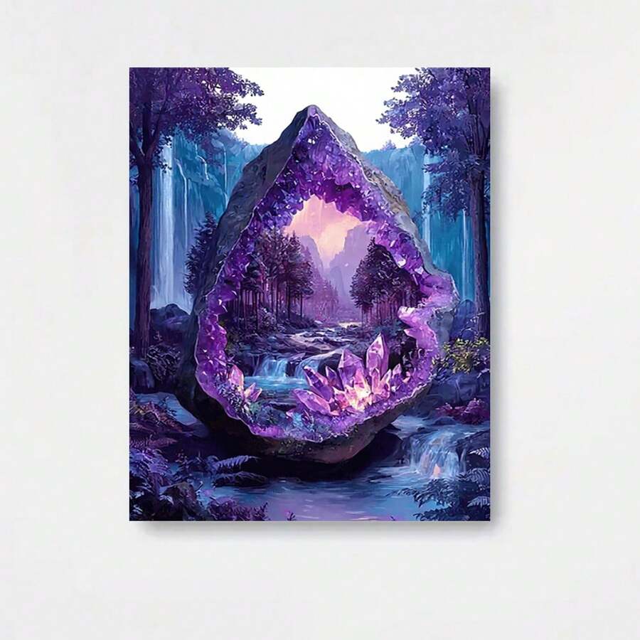 Pintura en lienzo 2D plana, 2D plana, sin marco, que representa una cueva de cristal púrpura en un bosque fantástico, completa con una cascada y árboles verdes. Disponible en s de 8X12, 12X18, 16X24, 20X30 e 24X36 pulgadas - Enmarcado - Ver 1