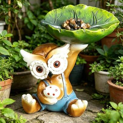 1pc Cute Owl Resin Bird Feeder, Leaf-Shaped Bird Bath Bowl, Outdoor Garden Patio Decor, Cartoon Animal Statue, For Wild Birds