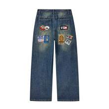Men's Vintage Street Splicing Bead Patch Jeans Men's Drawstring Loose Denim Trousers Men's - Màu xanh lam - Xem 2