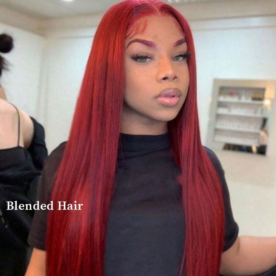 Tóc giả ren phía trước trong suốt HD ZHUICHAO 13x4 #BUG màu đỏ tía, tóc thẳng Brazil, đường chân tóc được xử lý, tóc con đã được tỉa và tẩy trắng, mật độ 200%, tóc giả tổng hợp pha trộn với tóc người, dành cho phụ nữ để đội hàng ngày hoặc dự tiệc.