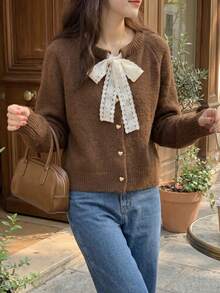 Cárdigan casual de mujer con mangas raglán y cordones, unicolor, para otoño/invierno - Café integral - Ver 3