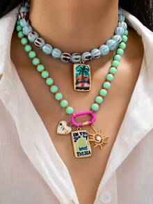 Collar de cuentas de Murano azul con colgante de palmera, collar de playa de verano con colgante de sol radiante, collar bohemio en capas, adecuado para vacaciones y uso diario - Multicolor - Ver 7
