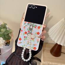 Glitter Crushed Flower Galaxy Z Flip7 Foldable Phone Case, Pearl Chain Pendant Decoration, Cute & Delicate ZFlip6 Hard Shell Protective Cover, ZFlip5 Women's Wristlet, Anti-Drop Flip Cover - Blue - View 4