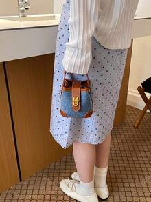 New Arrival Cute Mini Handbag, Contrast Color Lock Small Bucket Bag, Contrast Trim Compact Cosmetic Bag, Small Crossbody Bag, Accessory Pouch, Decorative Pouch, Evening Bag, Coin Purse - Denim Blue - View 10