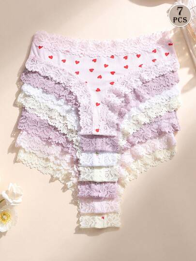 7 PCS Sexy Women's Lace Splice Panties Low Waist Seamless Ribbed Thong Soft Comfortable & Breathable Underwear For Yoga, Sports And Daily Wear