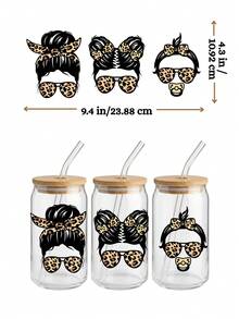 4件套16盎司玻璃杯UV DTF转印贴纸（9.4x4.3英寸），凌乱发髻妈妈和男孩爸爸家庭套装，爱国美国国旗豹纹迷彩贴纸，无需加热防水摩擦DIY礼物 - FAM 01 - 查看 5