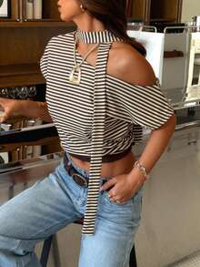 Women's Striped Off-Shoulder Cropped Top | Lace-Up High Neck Design - Multicolor - View 7