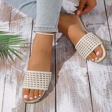 Women's Casual Woven Round Toe Flat Slippers, Suitable For Home And Outdoor Wear - Beige - View 5