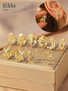 Hihho 1 paire de boucles d'oreilles à tige, créoles, méduses, étoiles de mer, tortues, palmiers, dauphins de la série océanique. Bijoux minimalistes multifonctionnels avec zirconium coloré, cadeau idéal pour les amateurs d'océan - Doré - Voir 1