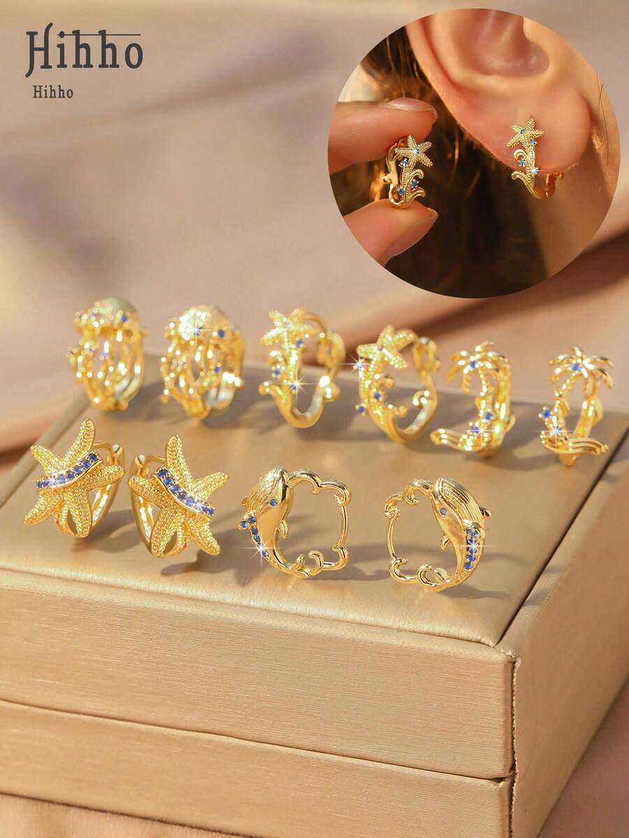 Hihho 1 paire de boucles d'oreilles à tige, créoles, méduses, étoiles de mer, tortues, palmiers, dauphins de la série océanique. Bijoux minimalistes multifonctionnels avec zirconium coloré, cadeau idéal pour les amateurs d'océan - Doré - Voir 1