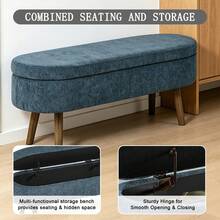 Multifunctional Storage Bench / Soft Chenille Fabric Modern Storage Bench / 20L Storage Space / Wooden Legs / For Bedroom, Living Room, Shoe Bench, Hallway - 藍色 - 查看 8